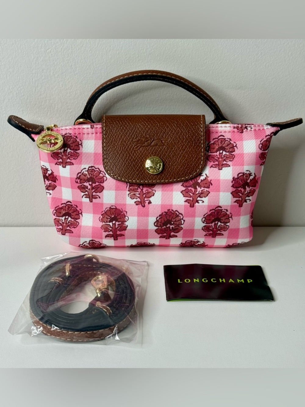 NWOT Longchamp Le Pliage Collection XS Pouch Pink Floral
